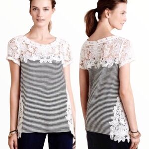 MEADOW RUE (Anthro) Stripe Top With Crochet Front & Side Detail Navy Blue Sz XS